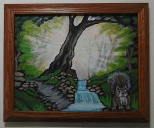 Squirrel next to waterfalls painting