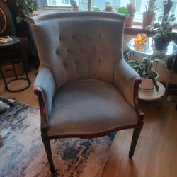 Vintage Blue Upholstered Armchair with Carved Wooden Frame