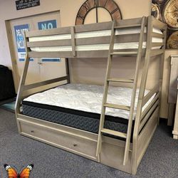 Lettner Light Gray Twin Full Bunk Bed with Large Storage Drawer Finance and Delivery Available