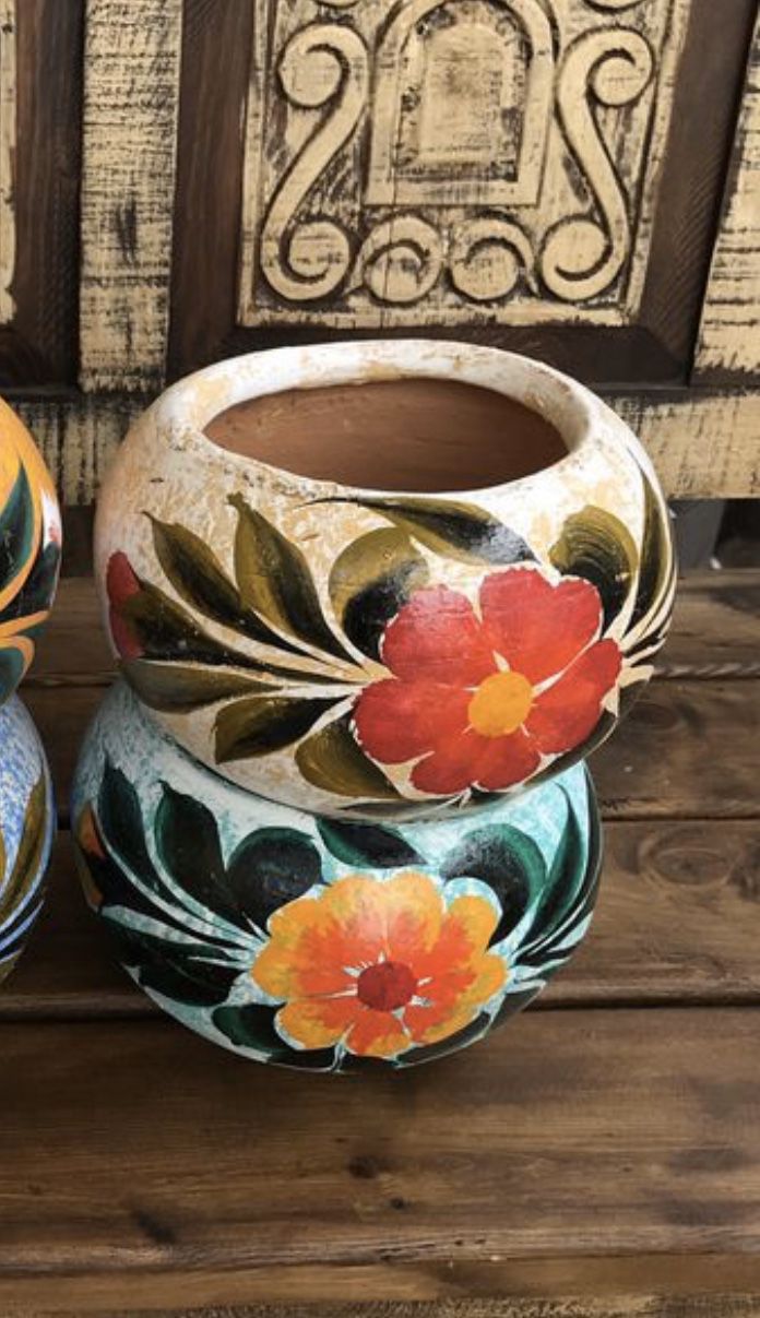 Two Mexican colorful flower clay pots