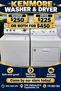 Kenmore Washer & Dryer
(Dryer $225/Washer $250 or Both $450
Warranty & Delivery Available
Our store is located at:
1260 Highway 85 N
Fayetteville,
