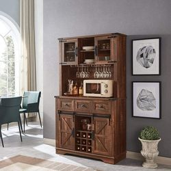OKD Wood Bar Kitchen Pantry Storage Cabinet with Wine and Glass Rack, Drawers, Adjustable Shelves (New in box )
