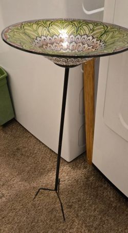 Decorative Glass Bird Bath with Metal Stand
