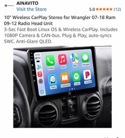 10" Wireless CarPlay Stereo for Wrangler 07-18 Ram 09-12 Radio Head Unit 3-Sec Fast Boot Linux OS & Wireless CarPlay. Includes 1080P Camera & CAN-bus.