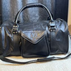 Black Genuine Leather Duffel Bag Travel Gym Overnight Bag With Shoulder Strap 