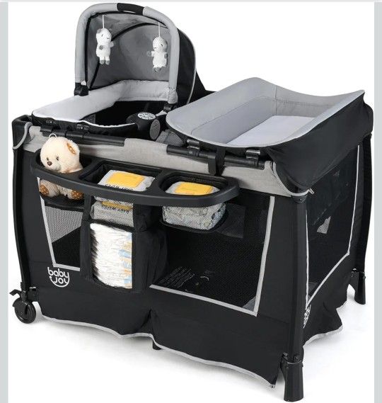 BABY JOY 5 in 1 Pack and Play, Portable Nursery Center Baby Playard w/Bassinet & Diaper Changing Table, Infant Bassinet Activity Center with Toys, Mus