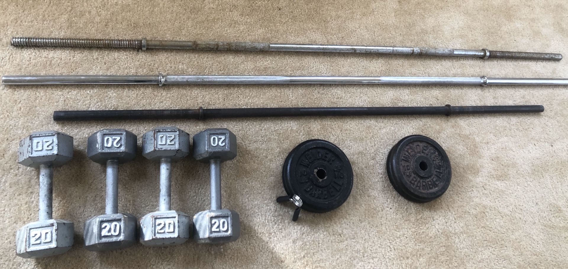 Fitness Gear 3 weight bars, 40lbs weights and 80lbs dumbbells