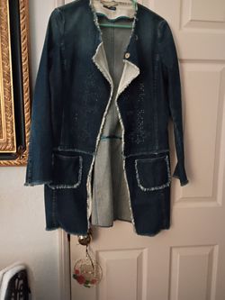 Denim Long Jacket with Frayed Trim