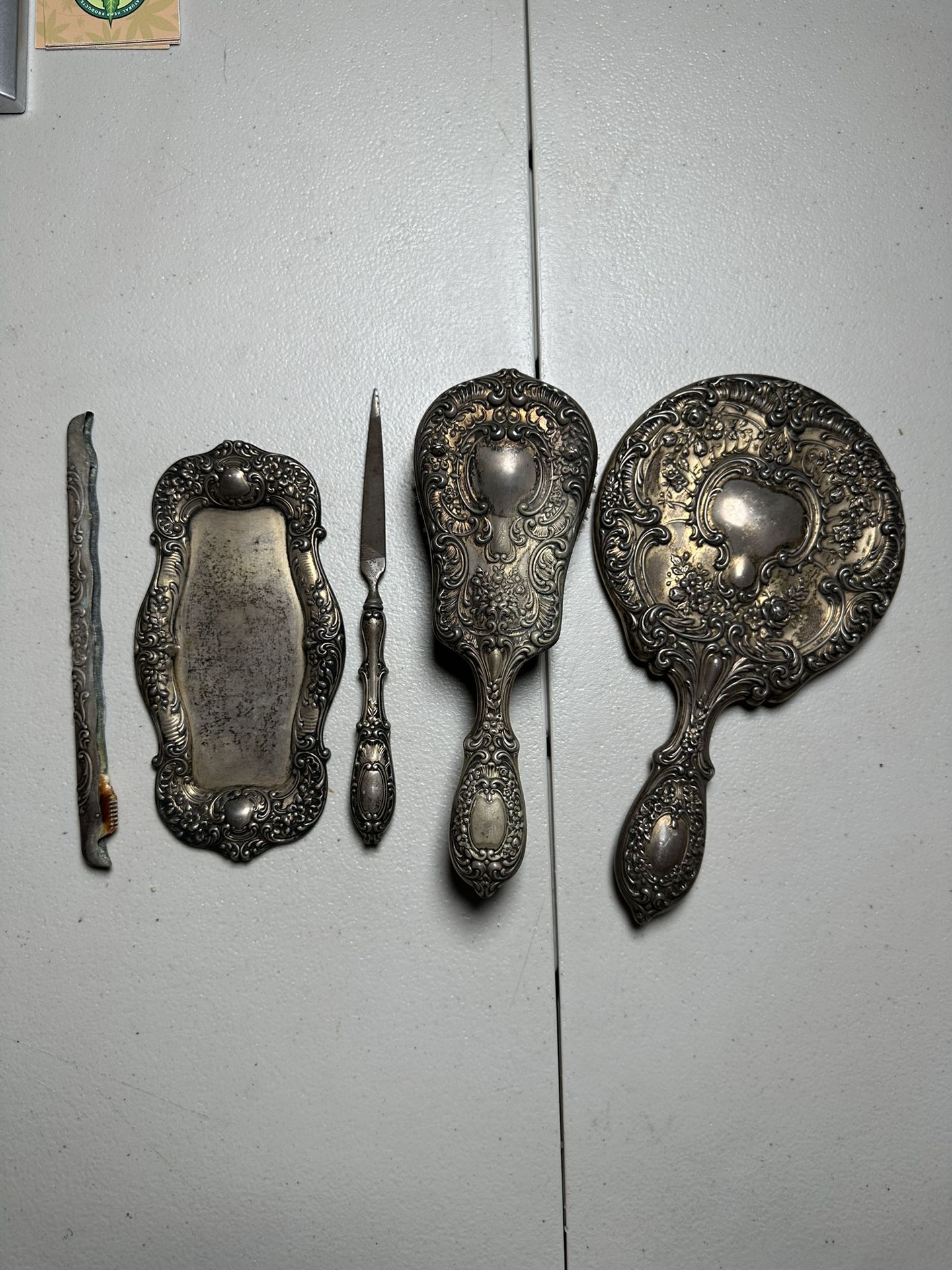 Vintage GORHAM sterling silver, Brush, Mirror, Comb, Nail file, Pin tray.