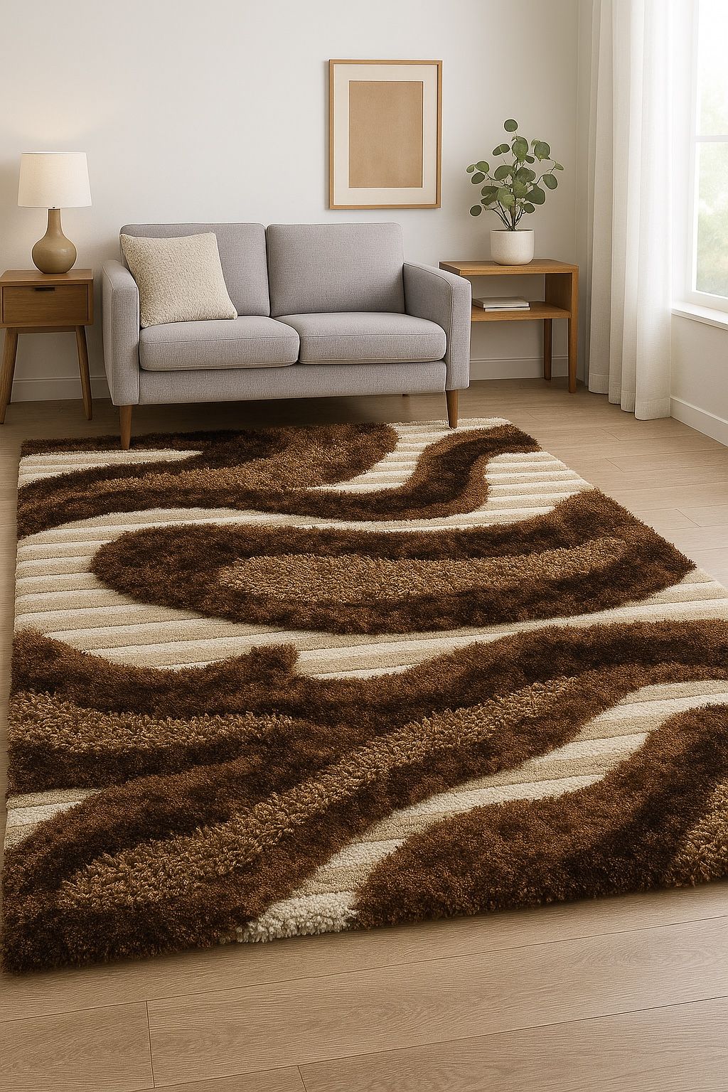5x7 Brown Beige Shag Rug with Abstract Wave Pattern – High Pile