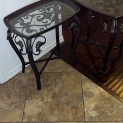 Two Red Iron Glass Top Tables