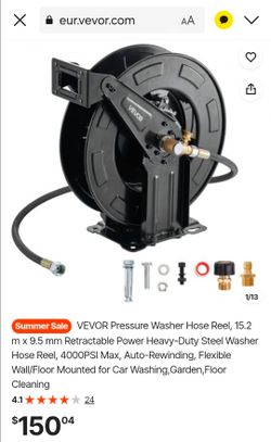 VEVOR Pressure Washer Hose Reel, 15.2 m x 9.5 mm Retractable Power Heavy-Duty Steel Washer Hose Reel, 4000PSI Max, Auto-Rewinding, Flexible Wall/Floor