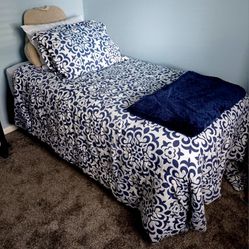 Twin Bed, Metal Frame, Mattress, Box Frame, Pillows, Comforter, 3 Sheet Sets