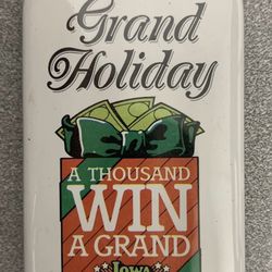 Vintage Iowa Lottery “Play Grand Holiday” Promo pin-back 3”x2” Rectangle Button