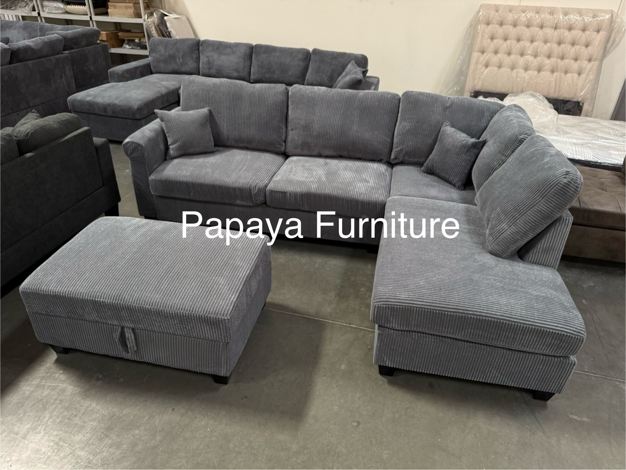 New! 106”L Dark Gray Sectional, Sectional And Storage Ottoman, Sectionals, Sofa, Couch, Beige Couch, Ivorry Couch, Corduroy Sectional, USB Charger Sof