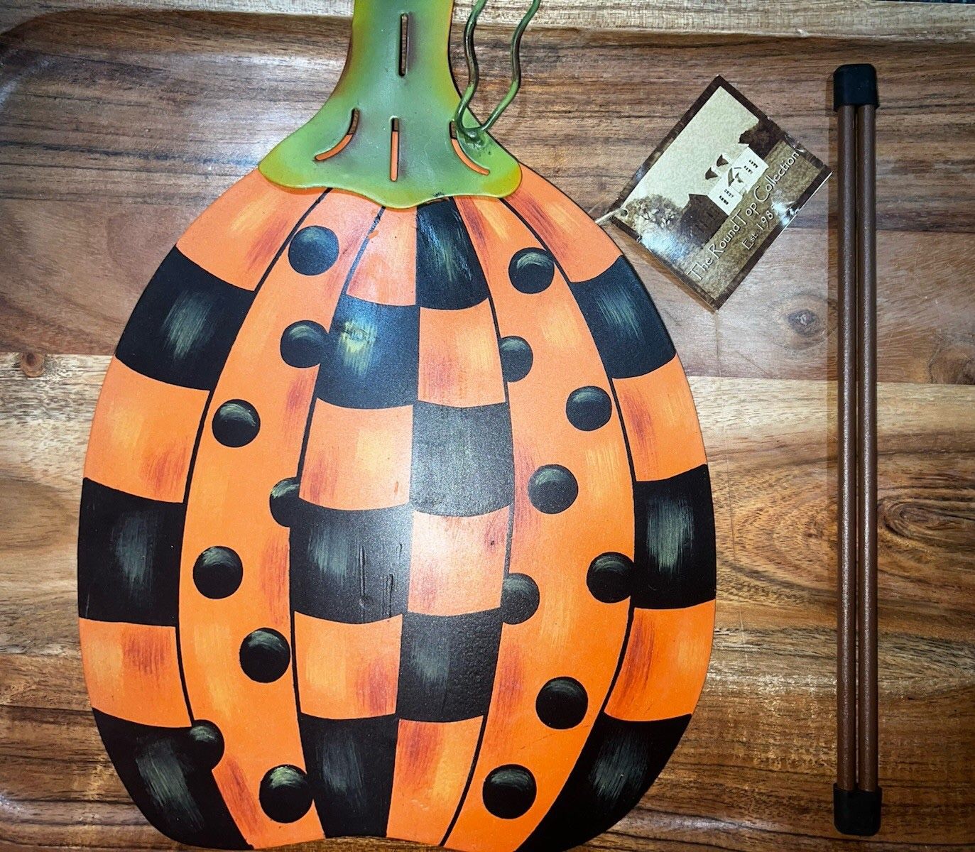Round Top Collection 12” Orange Blk Checkered Dot Pumpkin Stake