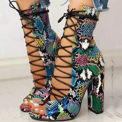 women  snake skin print chunky heels 