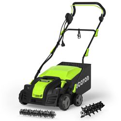 2-in-1 16-Inch Dethatcher & Scarifier Electric Corded, 15 Amp Copper Motor, Electric Lawn Dethatcher with 5-Position Depth Adjustment, 14.5 gal Thatch