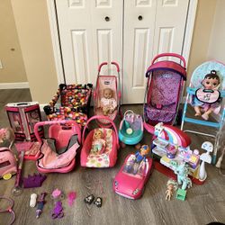 Baby doll bundle, tons Of Dolls, Doll High Chair, Pack And Play, Car Seat, Bathtub Etc