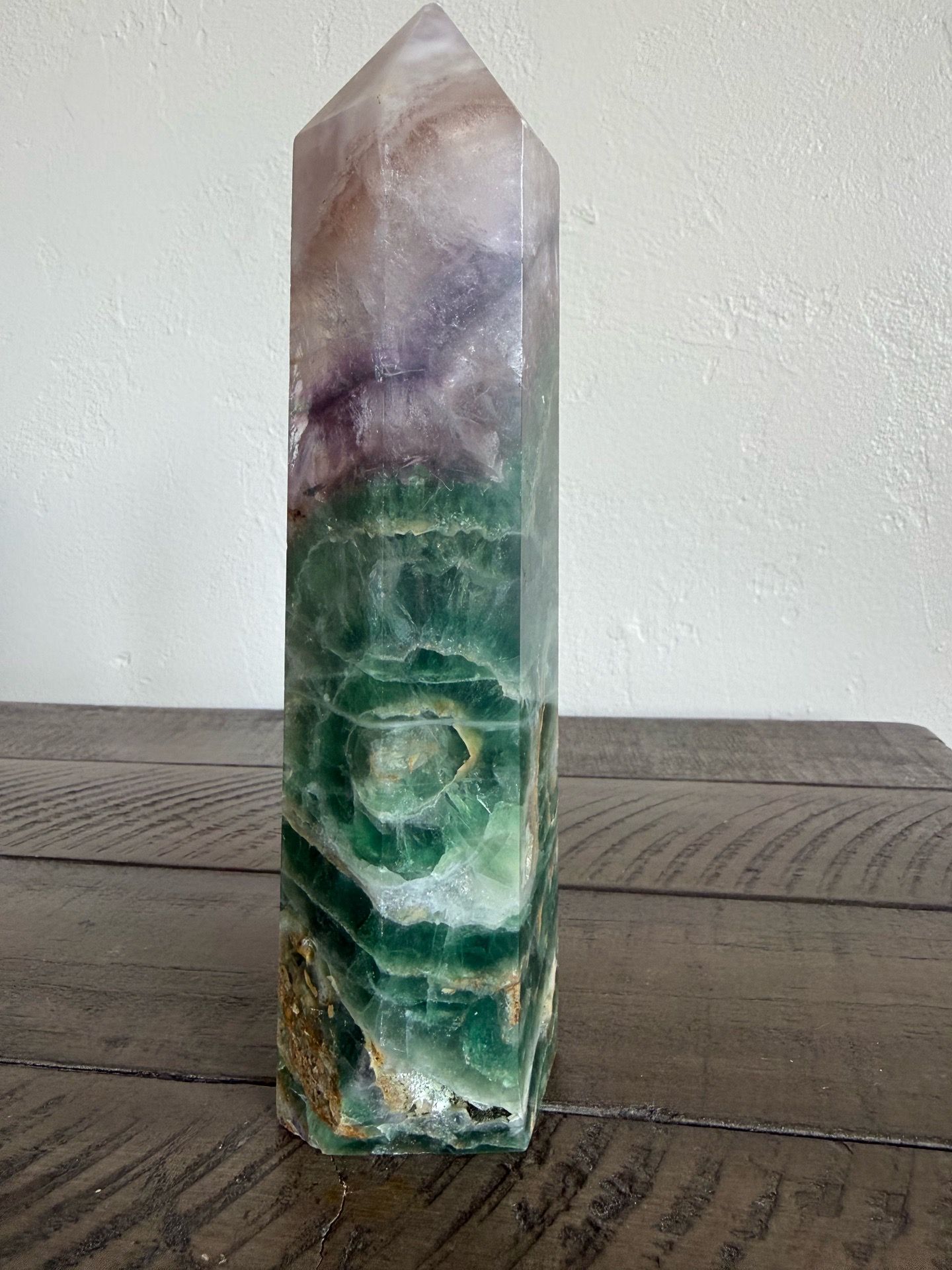 Large Rainbow Fluorite Crystal Tower Obelisk Green Purple Fluorite 8”