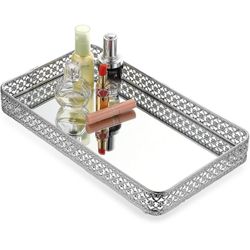 ELLDOO Perfume Tray Mirror Tray Silver Vanity Makeup Hollow-Carved Jewelry Tray Glass Metal Trinket Storage Tray Home Decor Organizer Tray