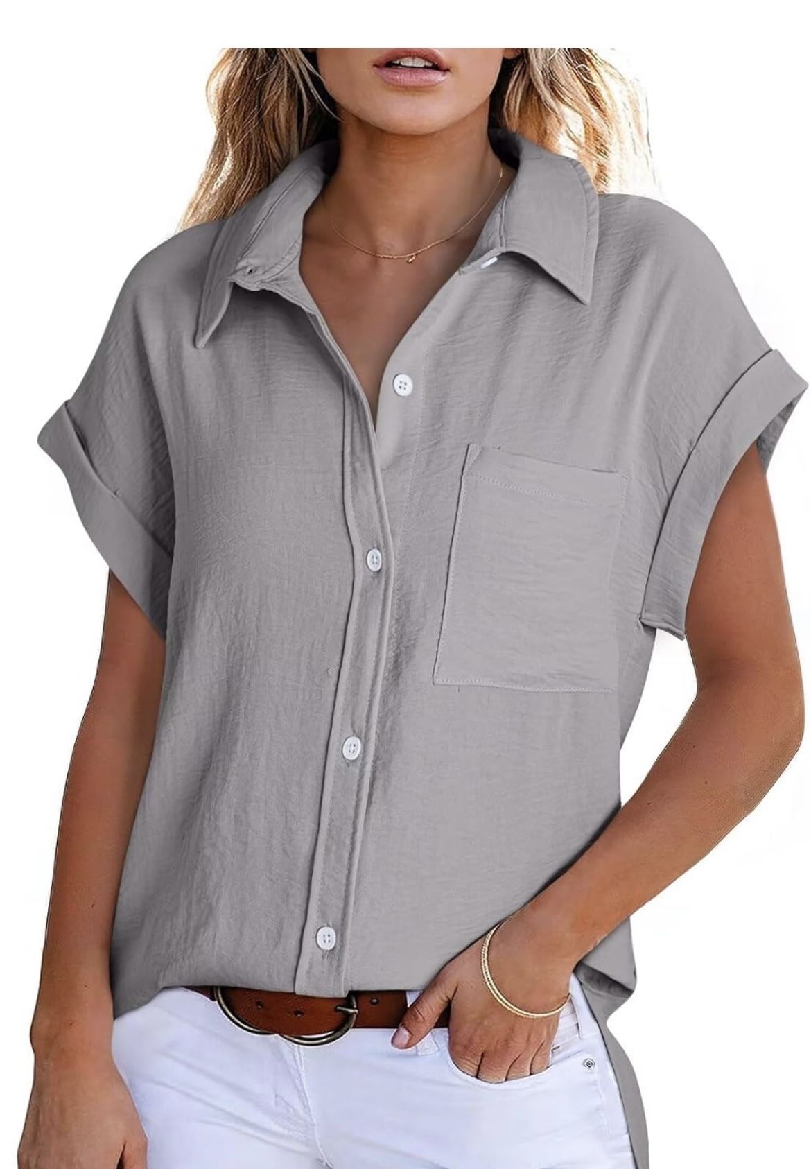 Women 2025 Summer Tops Short Sleeve Shirts V Neck Button Down Blouse Tunic Tops