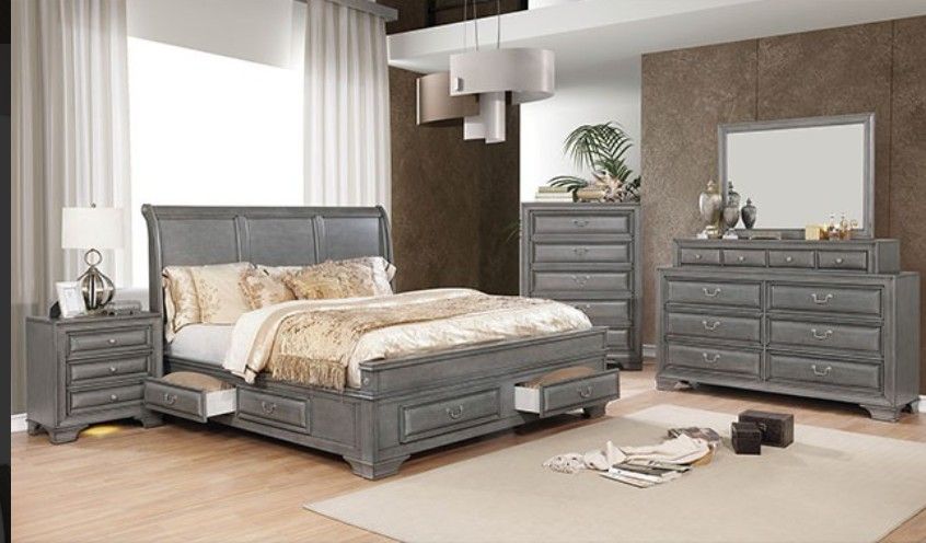 Brand New Grey Upscale 6pc King Size Bedroom Set(Available In Queen & California King)