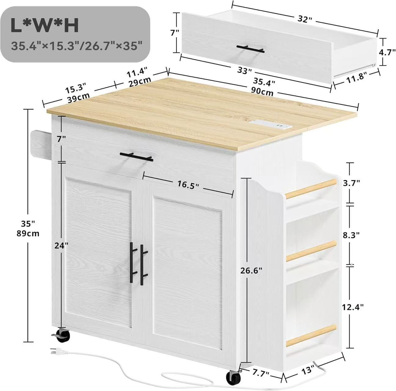 🥨IRONCK Kitchen Island with Storage, Rolling Kitchen Island on Wheels with Drop Leaf, 3 Open Spice Rack Shelf, Door Cabinet, Drawer