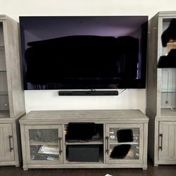 Show Cases And Two Side With Center Tall Cabinets / Table- Solid Wood Grey Color