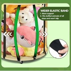 Stuffed Animal Organizer, Toy Organizer Cage with Wider Elastic Band for Small Medium Large Plush Holder, Round Wooden Storage Bins for Boys Girls, Nu