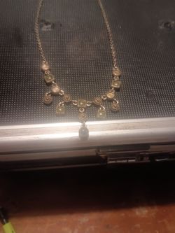 Gold-Tone Chain Necklace with Green Stone Pendants