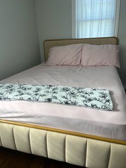 QUEEN - Gold & Cream Upholstered Platform Bed Frame