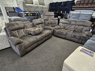 Super Black Friday Deal 3 Pcs Recliner Set Grey Plush Fabric $1299 