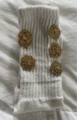 White Ribbed Knit Socks with Gold Rhinestone Brooches