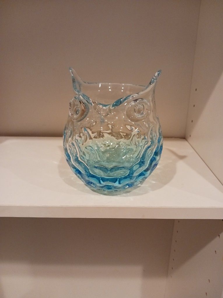 Aqua Glass Owl Vase