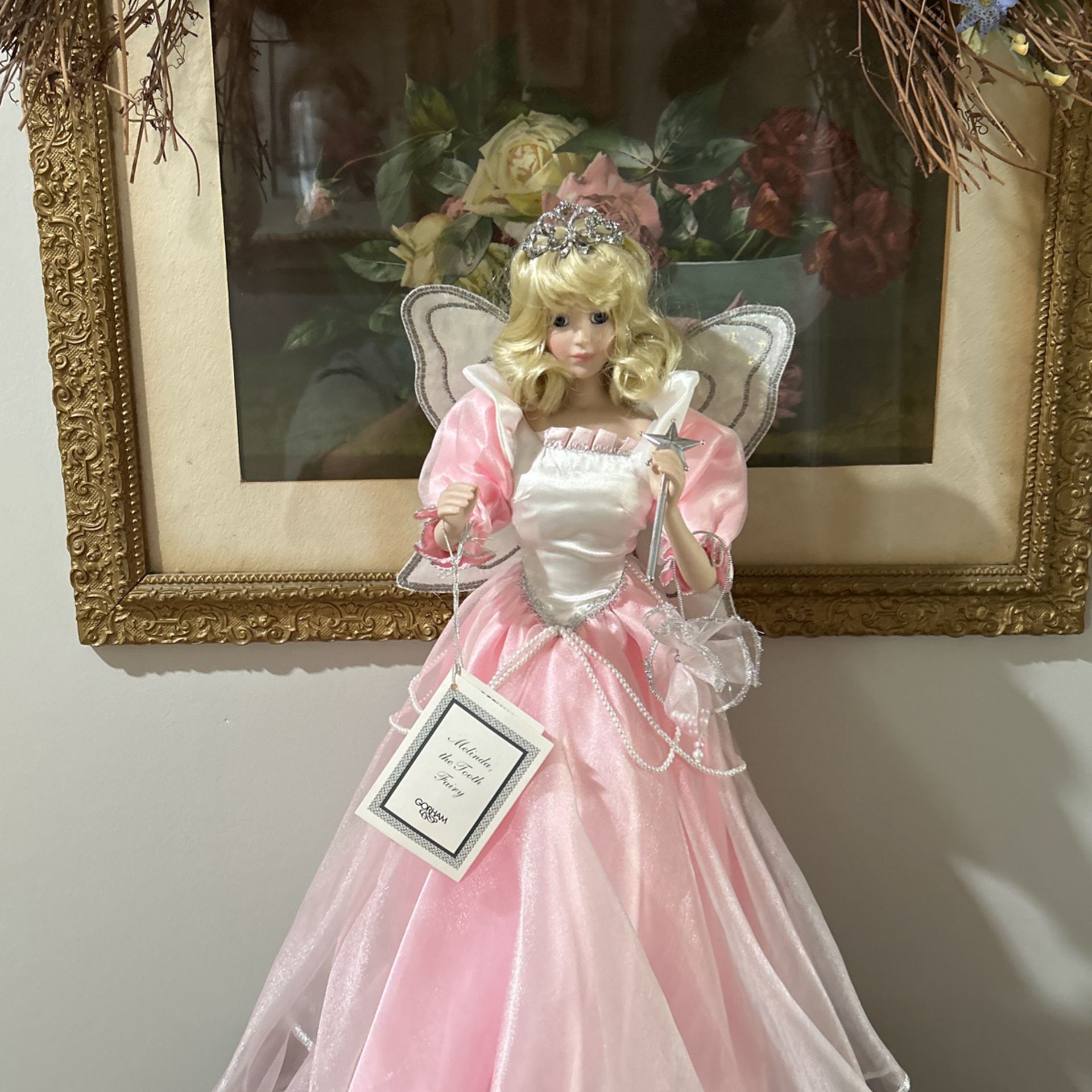 Gorgeous!!! Porcelain Fairy Princess Doll Dressed In Lavish Pink Satin With Pearls, Wings, Wand, & Crown 