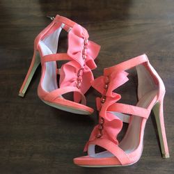 Bebe Coral Ruffle Chiffon Heels Size 5