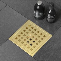 4 Inch Square Shower Floor Drain with Flange, Quadrato Pattern Grate Removable, Food-Grade SUS 304 Stainless Steel, Watermark&CUPC Certified, Brushed 