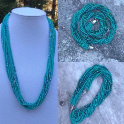 Beaded Necklace, Bohemian, Statement, Long Turquoise Seed Beads, Multi Strand Accented, Handmade Transparent Bluish Colored Necklace, Chic