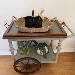 Vintage Wood Bar Cart with Removable Serving Tray