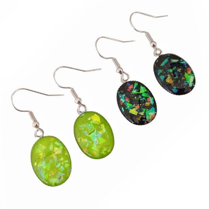 Black faux opal dangle earrings green faux opal dangle earrings w/ silver hooks New