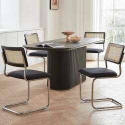 Black Chrome Rattan Dining Chairs Set of 4,Wooden Mid-Century