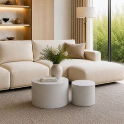 Set of 2 - White Minimalist Round Coffee Tables (19" & 15") [NEW] **No Assembly Req**