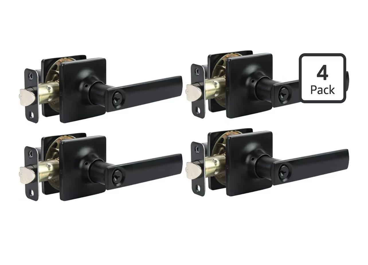 Entry Door Handle Locks with Keys, Square Locking Door Lever for Office/Bedroom, Suit for Right & Left Sided Doors, Secure Reversible Door Handle with
