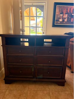 Dark wood 6 drawer media dresser TV stand