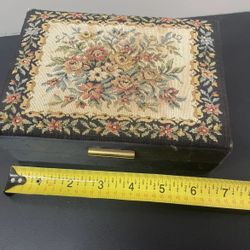 Vintage Mini Needlepoint Tapestry Floral Black Satin Victorian Jewelry Box Rare Free Shipping 