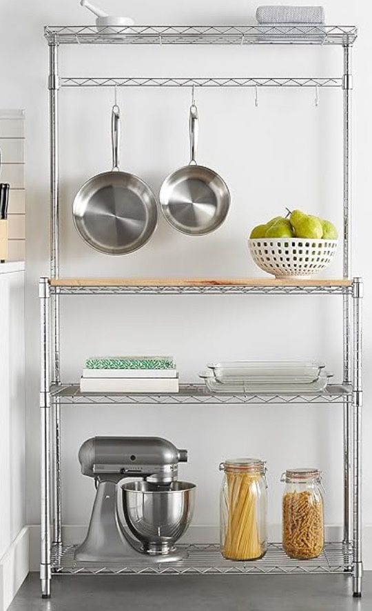 Kitchen Storage Rack with Wood Countertop and Hanging Hooks - Great Condition