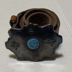 Vtg Brown Leather Belt With Silver toned Buckle