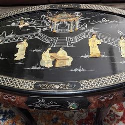 RARE Black lacquered Chinese table with inlays, set with six stools, 20th century