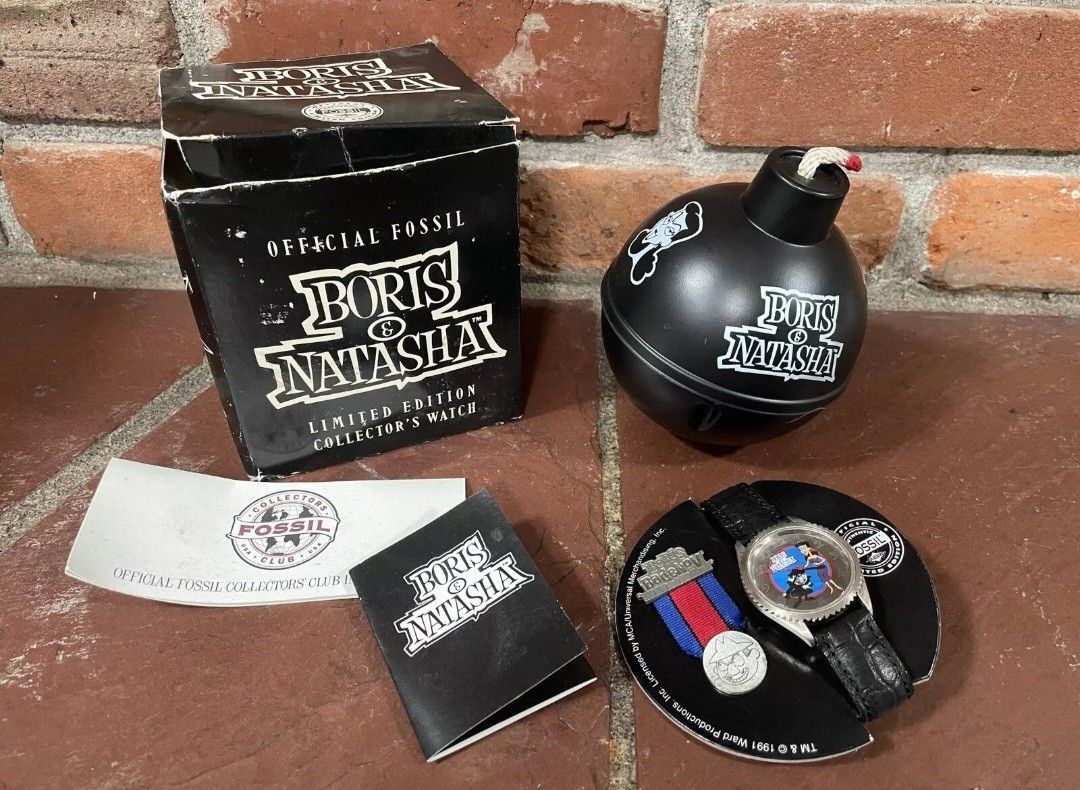 1991 Fossil Boris and Natasha Limited Collectors Watch and Pin New UNUSED W/ BOX